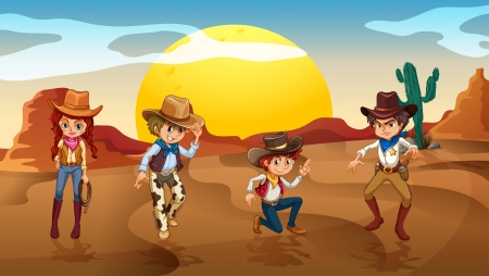 Illustration of the cowboys and a cowgirl at the desertのイラスト素材