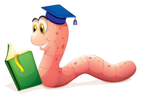 Illustration of a worm reading wearing a graduation cap on a white background のイラスト素材