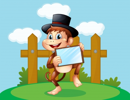 Illustration of a monkey holding a mirror outside the wooden fence のイラスト素材