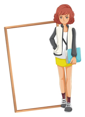 Illustration of a lady holding a book standing in front of an empty board on a white background のイラスト素材