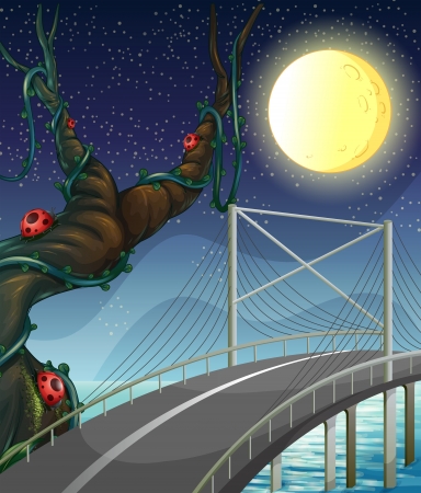 Illustration of a road above the river near the tree with bugsのイラスト素材