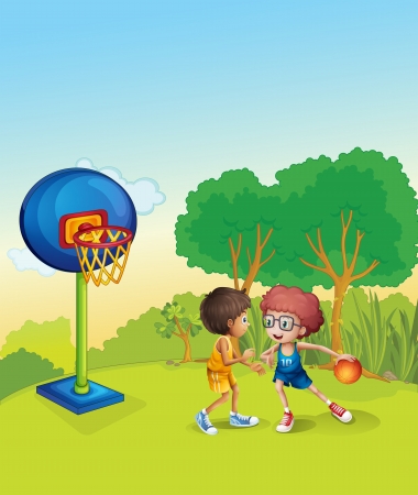 Illustration of the boys playing basketball at the top of the hillのイラスト素材