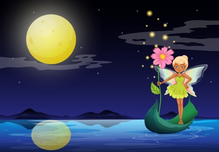 Illustration of a fairy holding a flower above a boatのイラスト素材