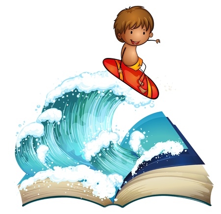 Illustration of an open book with a boy surfing on a white backgroundのイラスト素材