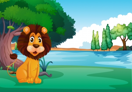 Illustration of a lion sitting along the river のイラスト素材