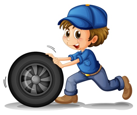 Illustration of a boy pushing a wheel on a white background のイラスト素材