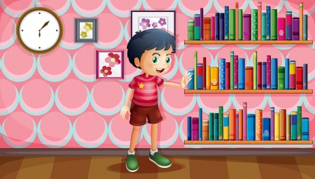 lllustration of a boy standing beside the wooden shelves with books のイラスト素材