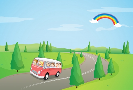 Illustration of a bus with kids running along the curve roadのイラスト素材