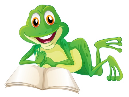 Illustration of a frog lying while reading a book on a white backgroundのイラスト素材