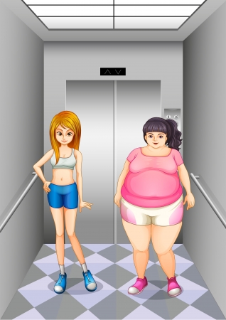 Illustration of a fat and a slim girl inside the elevatorのイラスト素材