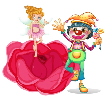 Illustration of a big flower with a fairy and a clown on a white backgroundのイラスト素材