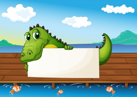 Illustration of an alligator holding an empty signboard at the lake with fishのイラスト素材
