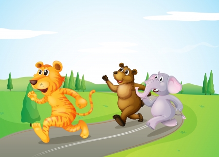 Illustration of a tiger, a bear and an elephant running along the road のイラスト素材
