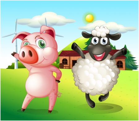 Illustration of a pig and a sheep dancing at the farm with a windmillのイラスト素材