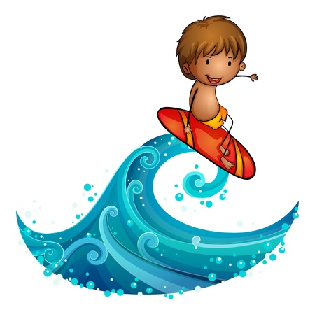 Illustration of a little man surfing on a white background のイラスト素材