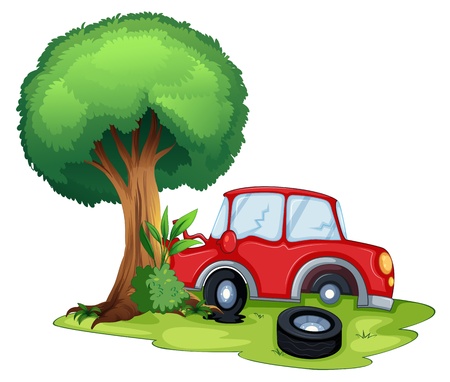 Illustration of a red car bumping on a tree on a white background のイラスト素材