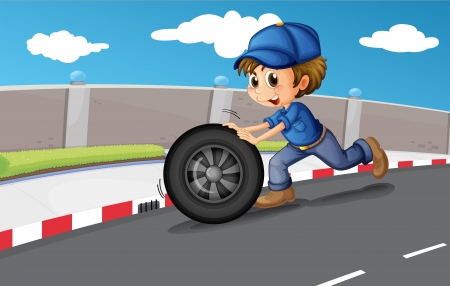 Illustration of a boy pushing a wheel along the road のイラスト素材