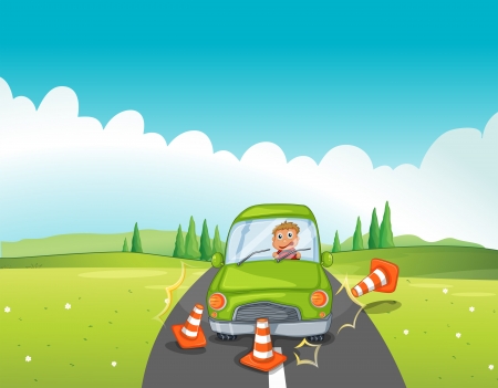 Illustration of a boy in a green car bumping the traffic conesのイラスト素材