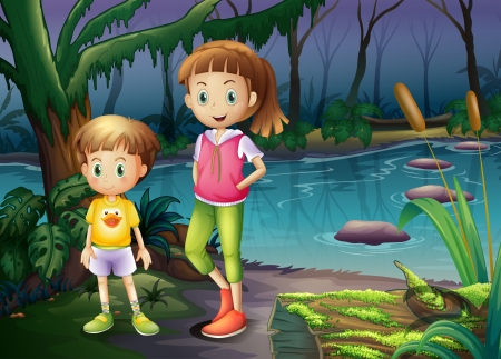 Illustration of a boy and a girl standing in the middle of the forestのイラスト素材