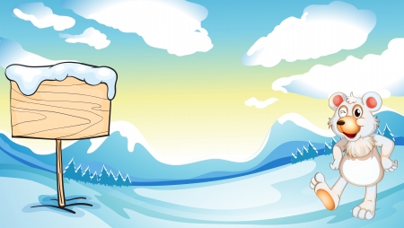 Illustration of a bear near the wooden signboardのイラスト素材