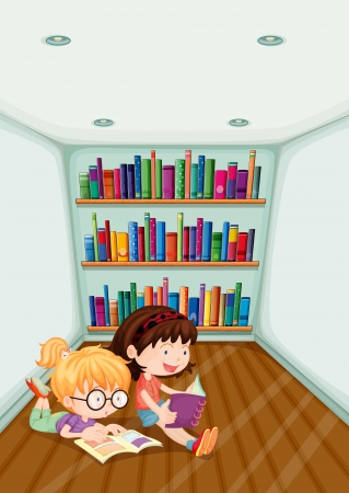 Illustration of the two girls reading inside the room on a white background のイラスト素材