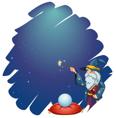 Illustration of a wizard holding a magic wand and a book in front of the crystal ball on a white background のイラスト素材