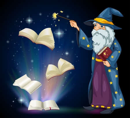 Illustration of an old wizard holding a book and a wand のイラスト素材