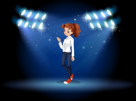 Illustration of a lady standing at the stage under the spotlights のイラスト素材