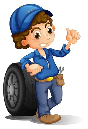 Illustration of a man with a wheel at his back on a white backgroundのイラスト素材