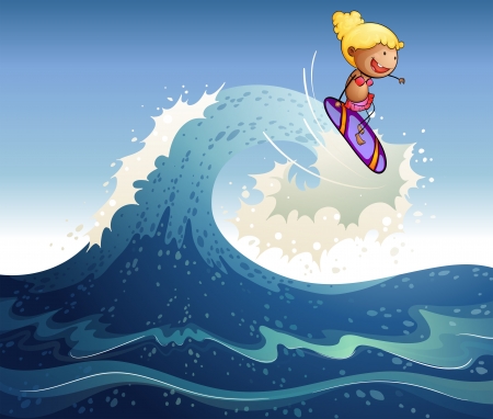 Illustration of a girl surfing with big wavesのイラスト素材