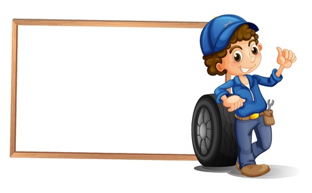 Illustration of a boy and a tire beside an empty frame on a white background のイラスト素材