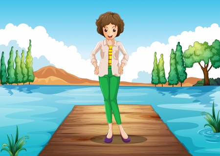 Illustration of a woman standing above the wooden bridge at the riverのイラスト素材