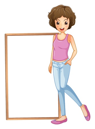 Illustration of a lady with an empty board at her side on a white backgroundのイラスト素材