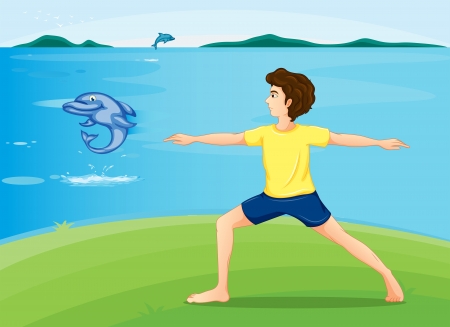 Illustration of a boy exercising at the riverbankのイラスト素材