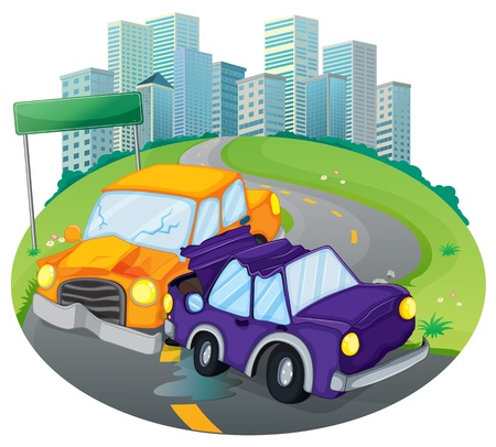 Illustration of a car crash at the street near the empty green signage on a white background のイラスト素材