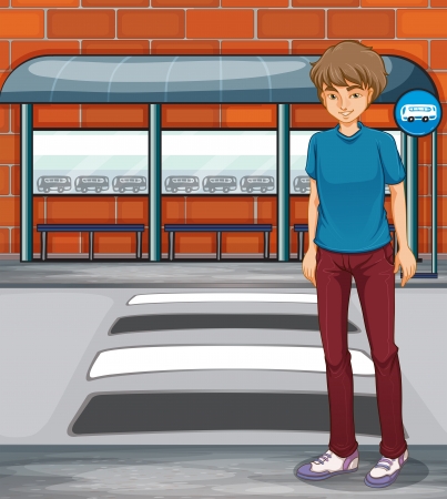 Illustration of a boy near the bus stopのイラスト素材