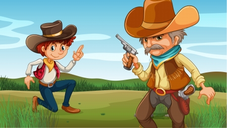 Illustration of a young and an old cowboy at the hillのイラスト素材