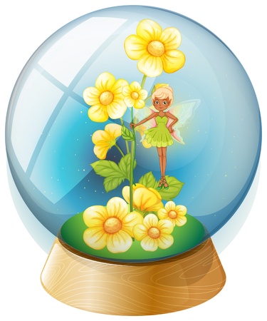Illustration of a crystal ball with pink flowers and a fairy on a white backgroundのイラスト素材