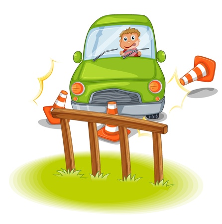 Illustration of a reckless driver bumping the traffic cones on a white backgroundのイラスト素材
