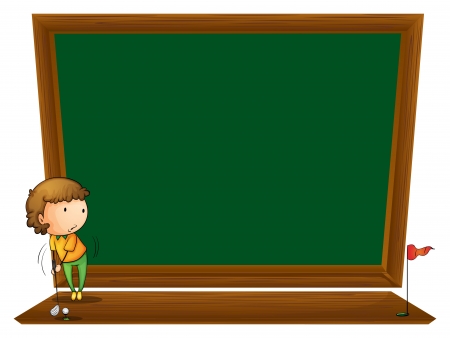 Illustration of a blackboard with a boy playing golf on a white backgroundのイラスト素材