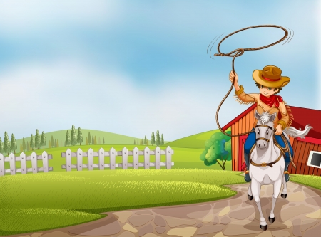 Illustration of a cowboy holding a rope riding on a horse のイラスト素材