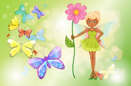 Illustration of a fairy holding a pink flower with butterfliesのイラスト素材