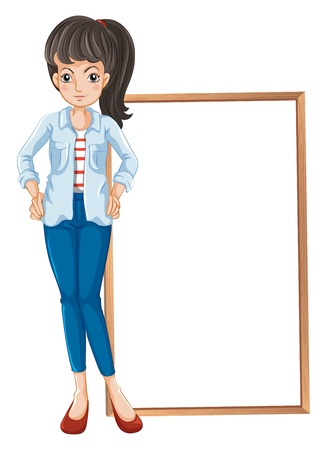 Illustration of a girl standing with a blankboard at the back on a white background のイラスト素材