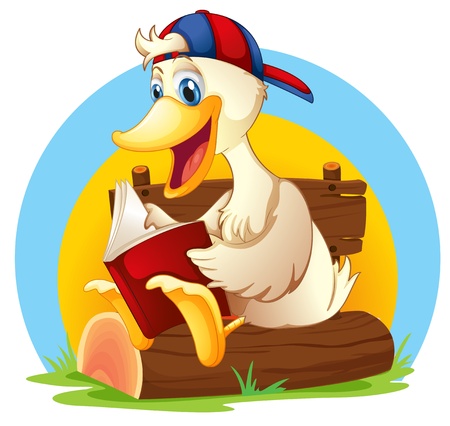 Illustration of a happy duck reading on a white backgroundのイラスト素材