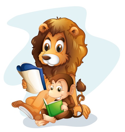 Illustration of a monkey and a lion reading books on a white backgroundのイラスト素材