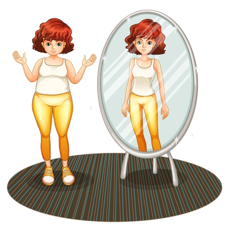 Illustration of a fat girl and her skinny reflection on a white backgroundのイラスト素材