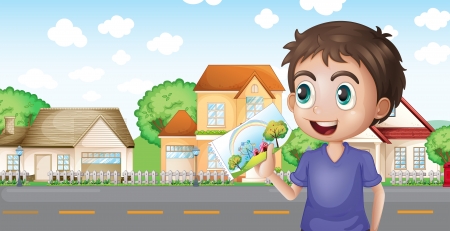 Illustration of a boy holding a picture in front of the houses near the road のイラスト素材
