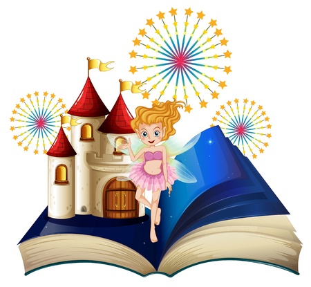 Illustration of a storybook with a fairy, a castle and fireworks on a white background のイラスト素材