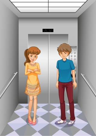Illustration of a girl and a boy in the elevatorのイラスト素材