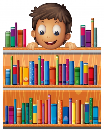 Illustration of a boy at the back of a wooden shelves with books on a white background のイラスト素材